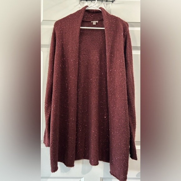 J. Jill Draped Sequin Cardigan Sz L Burgundy Boho Fairy Casual Preppy Holiday - Picture 1 of 7